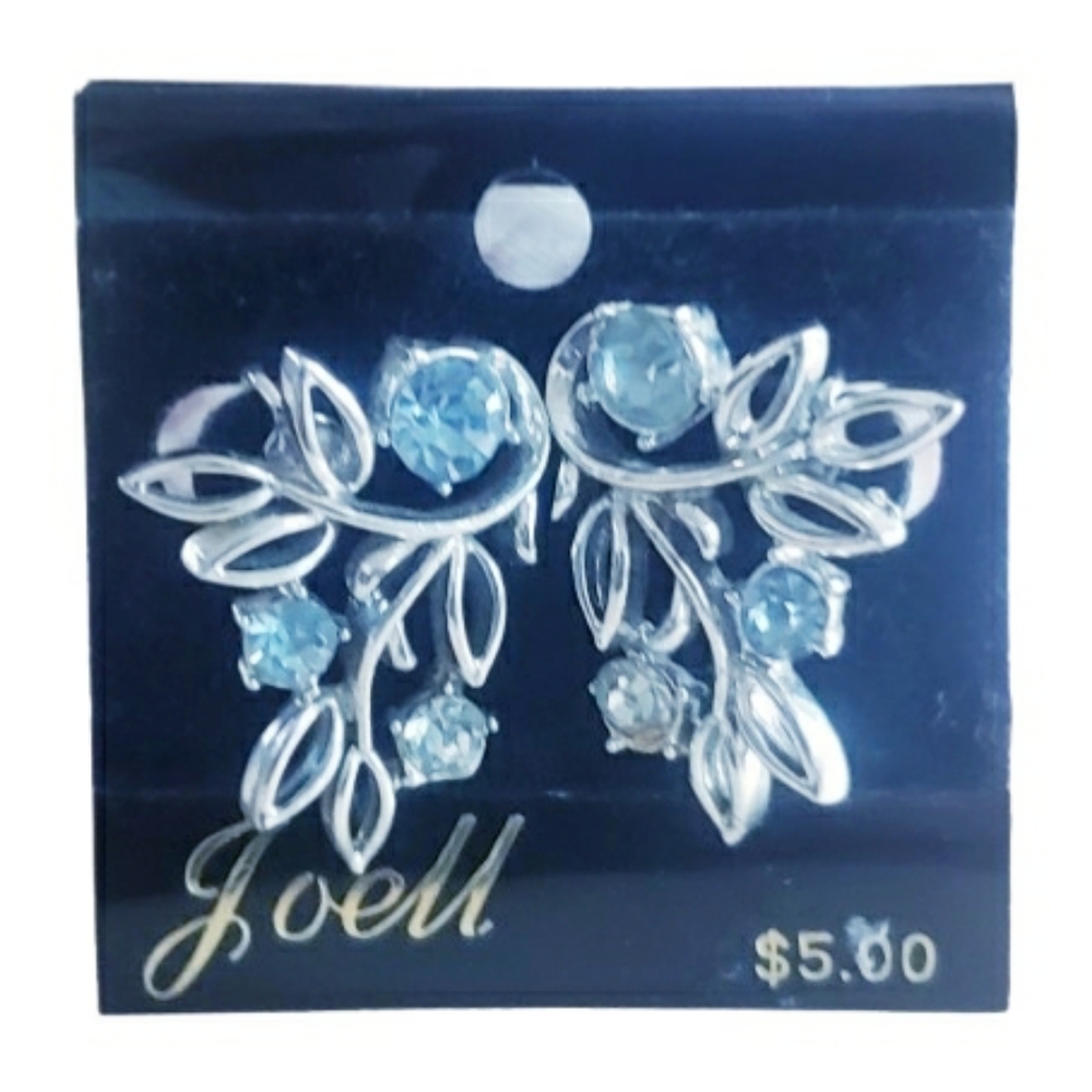 NWT Vintage Coro Joell Silver and Blue Rhinestone Leaf Earrings